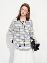FSLE Women's Color Block Striped Long-Sleeve T-Shirt with Lapel Collar, Spring 2026 New Style Loose American Retro Top