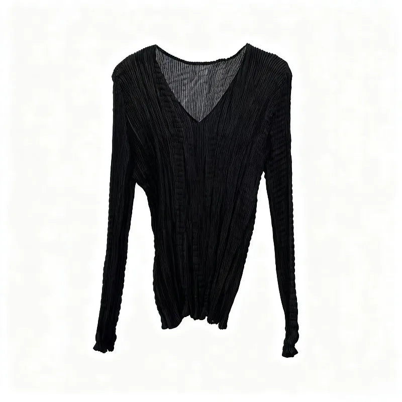 Miyake Pleated T-shirt 2025 Fall New Solid Color Bottoming Shirt Female Slim Thin Pleats Simple V-neck Inner Top Thin Clothing