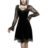 2024 New Fashion Women's Bandeau Long-sleeved Solid Color Dark Gothic Sexy Lace Stitched Dress