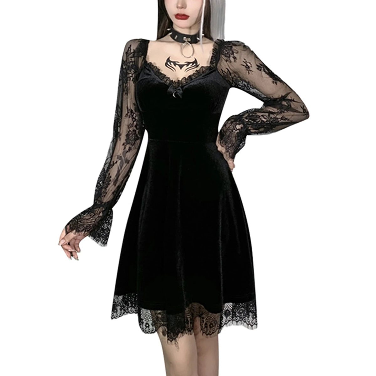 2024 New Fashion Women's Bandeau Long-sleeved Solid Color Dark Gothic Sexy Lace Stitched Dress
