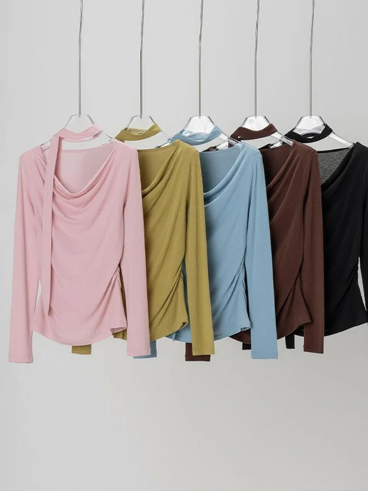 SuyaDream Women T Shirt, Wool Cotton Blend, Dropped Collar, Elegant Ribbon Tee, 2026 Fall Spring Solid Chic Top