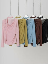 SuyaDream Women T Shirt, Wool Cotton Blend, Dropped Collar, Elegant Ribbon Tee, 2026 Fall Spring Solid Chic Top