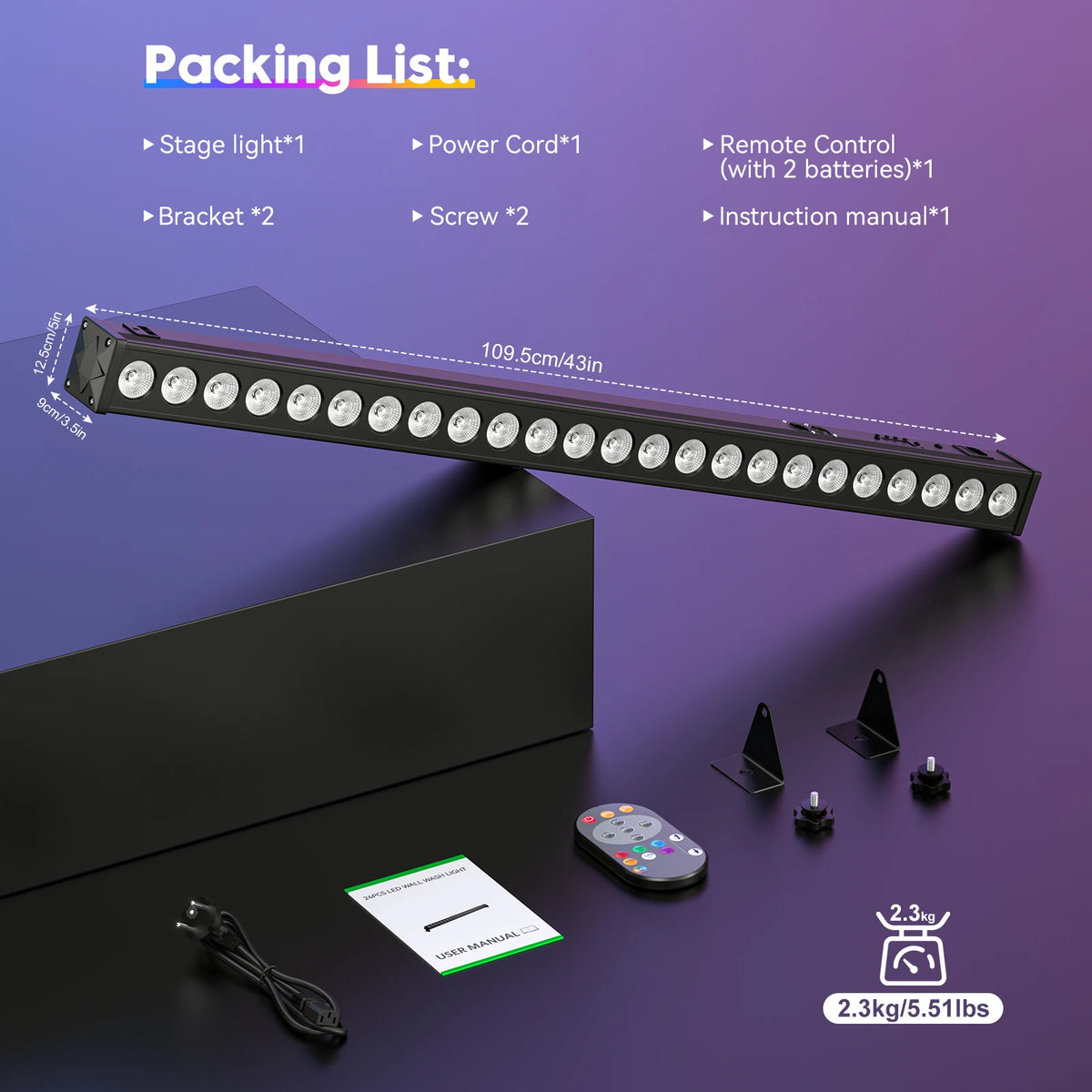 U'King 4Pcs 60W RGB 24LED Wall Wash Light Bar With Remote Controller DMX Stage Light Bar For Wedding Church Music Dance DJ Party