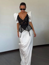 Elegant Women's Satin Lace Patchwork Waistband Dress V-neck Bubble Short Sleeved Zipper Dresses 2026 Summer Lady Party Robes