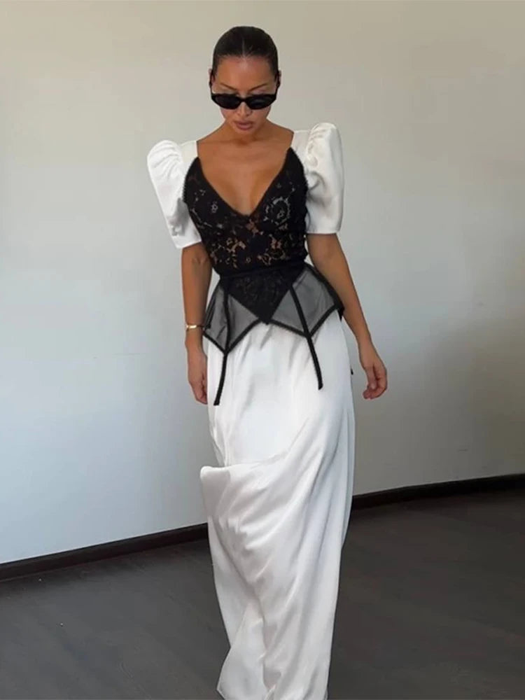 Elegant Women's Satin Lace Patchwork Waistband Dress V-neck Bubble Short Sleeved Zipper Dresses 2026 Summer Lady Party Robes