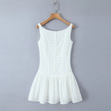 2024 Sexy White Embroidery Lace Low Waist Mini Tank Dress Women Open Buttons Neck Bodycon Sleeveless Ruched Hem Swing Party Robe