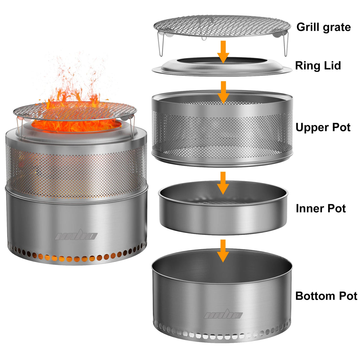 Unho 19-Inch Smokeless Fire Pit, Portable 304 Stainless Steel Camping Stove with Carry Bag, for Outdoor Wood Burning & BBQ