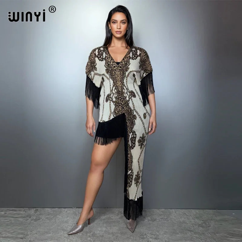 WINYI Women's Boho Maxi Kaftan Dress Africa Style Elegant Pleated Beach Cover-Up Elastic Luxury Party Evening Dubai Abaya