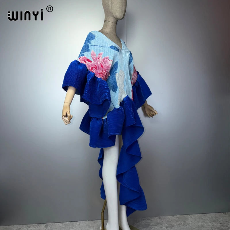 WINYI Summer Pleated Elastic Irregular Dress for Woman Beach Cover Up Abaya Dubai Luxury Party Dresses Boho Evening Dress Luxury