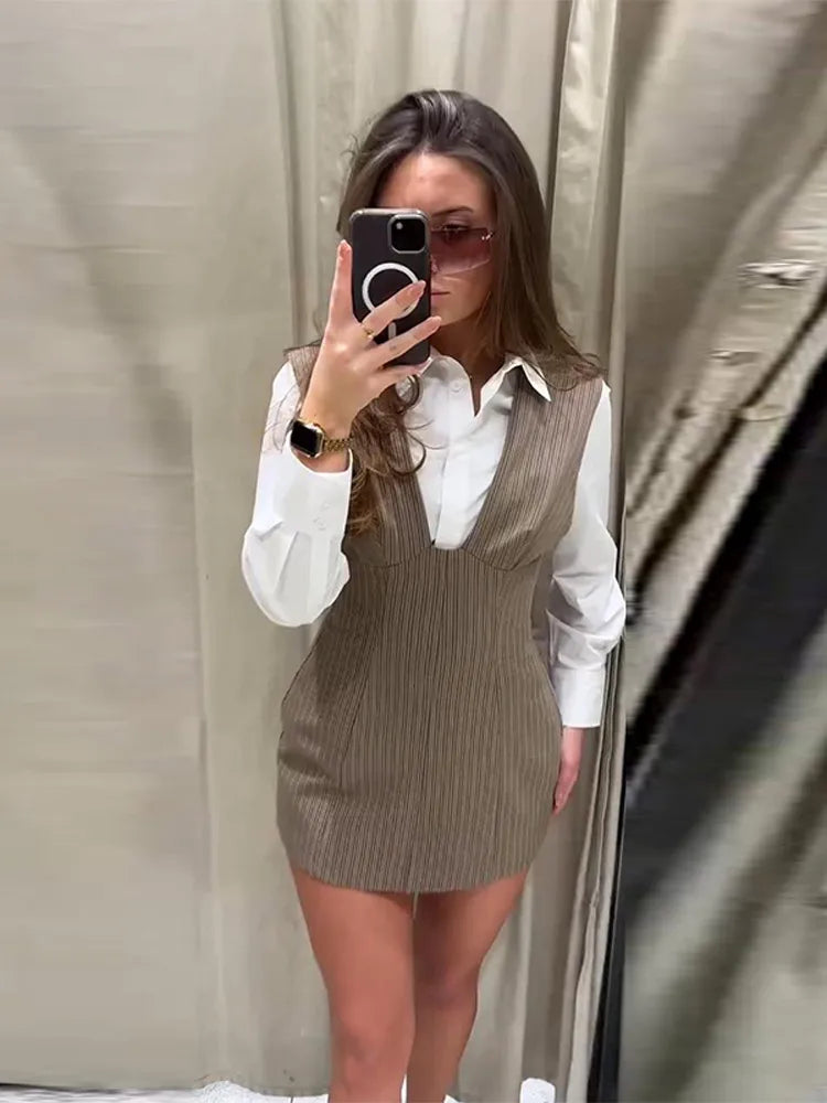 Casual Stripe Sleeveless Mini Dresses Women's Slim Waist-cinching V-neck Dress 2026 New Ladies Spring Summer Solid Outwear