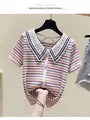 Summer New Chromatic Stripe Doll Collar Short Sleeve T-Shirt Female Small Sweet Wind Design Feeling Hollow Out Backless Coat