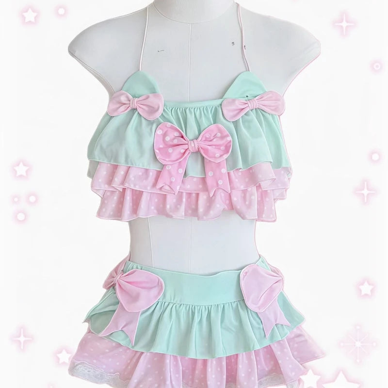 New Coquette Sweet Kawaii Lolita 2 Piece Swim Set Women Slim Fit Bow Ruffle Polka Dot Lace Trim Strap Cute Beach Vacation Outfit