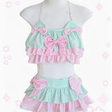 New Coquette Sweet Kawaii Lolita 2 Piece Swim Set Women Slim Fit Bow Ruffle Polka Dot Lace Trim Strap Cute Beach Vacation Outfit