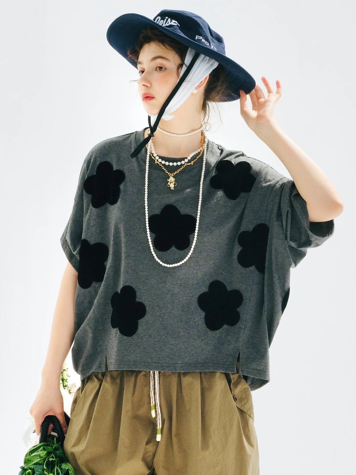 Tops 2025imakokoni summer original design literary flocking applique drape large version T-shirt 255180
