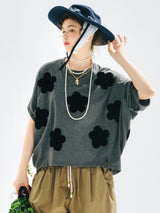 Tops 2025imakokoni summer original design literary flocking applique drape large version T-shirt 255180