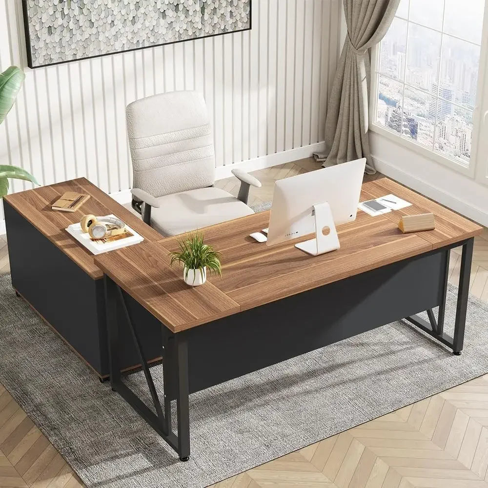 L-Shaped Executive Desk with Storage, 63 and 47, Brown and Black Office Furniture
