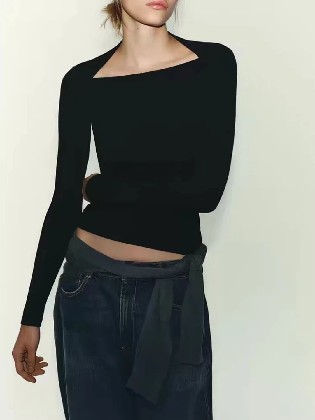 Women's Slim Fit Long Sleeve T-Shirt 2026 Summer New Style Multicolor Ribbed Square Collar Casual Cotton Thin Short Length