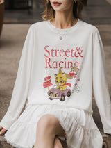 XIAOGULI Lyocell Cotton Long Sleeve T-Shirt Women Autumn New Breathable Cartoon Printed Tees White Versatile Layering Top