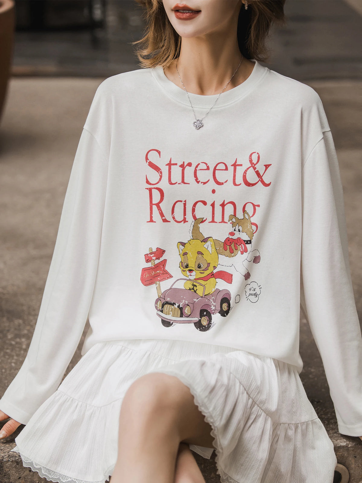 XIAOGULI Lyocell Cotton Long Sleeve T-Shirt Women Autumn New Breathable Cartoon Printed Tees White Versatile Layering Top