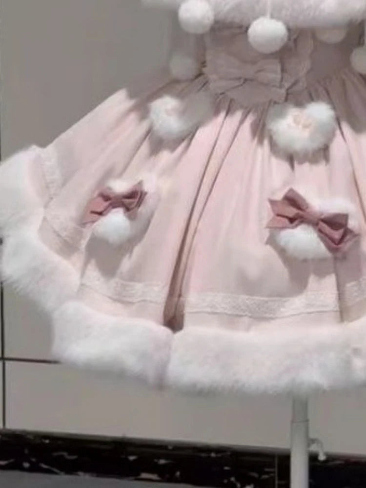 Japanese Lolita Two Pieces Set Women Sweet Patchwork Furry Slip Dress + Sweet Cute Rabbit's Ears Hooded Cape Coat JK Bow Suit