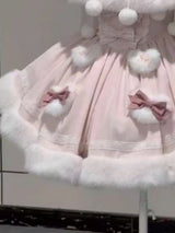 Japanese Lolita Two Pieces Set Women Sweet Patchwork Furry Slip Dress + Sweet Cute Rabbit's Ears Hooded Cape Coat JK Bow Suit