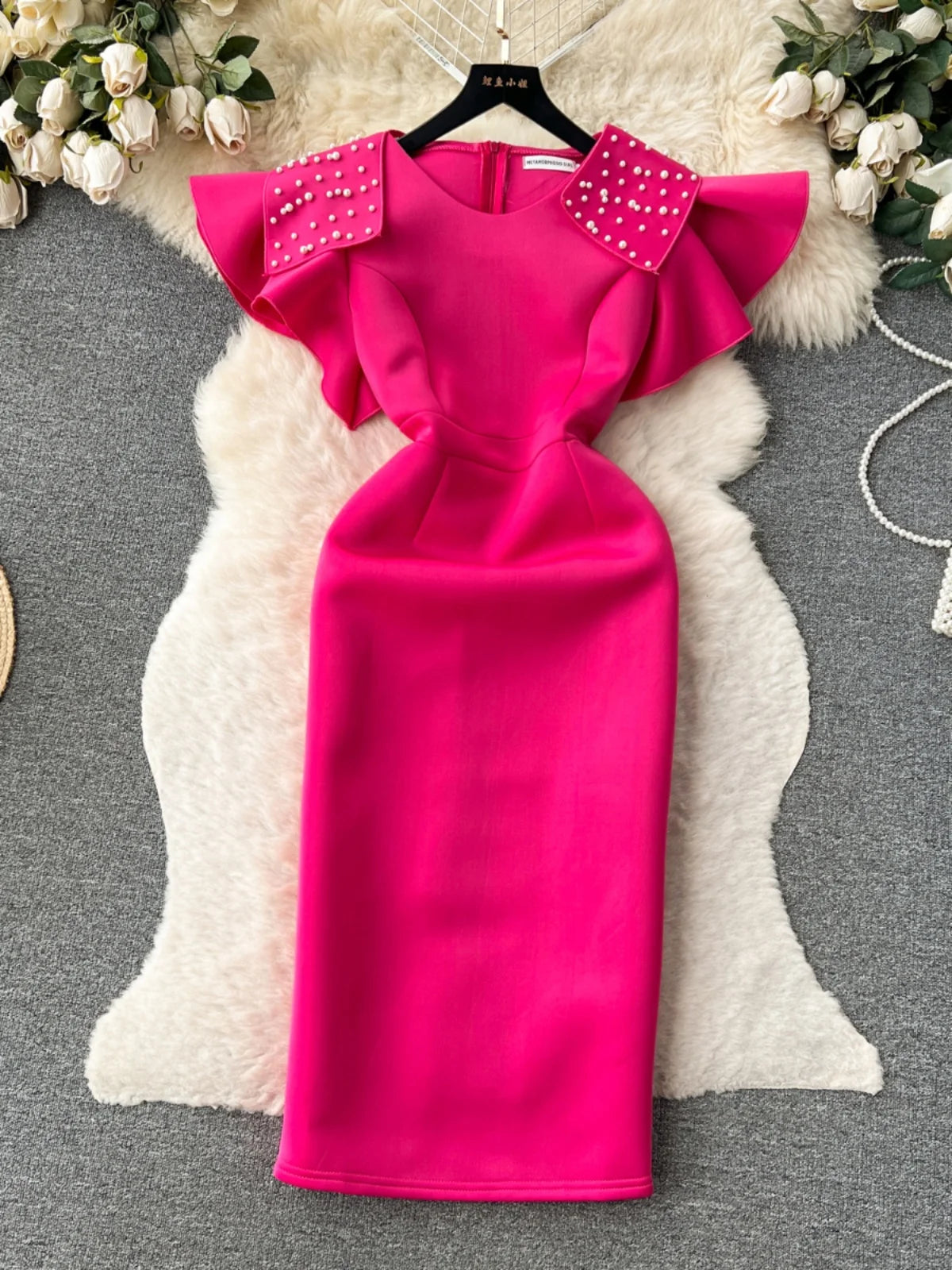 Ele Retro Beaded round Ne Svel Dr Women's Waist Cinching Slimming High End Feeling Aosphere Long Dr