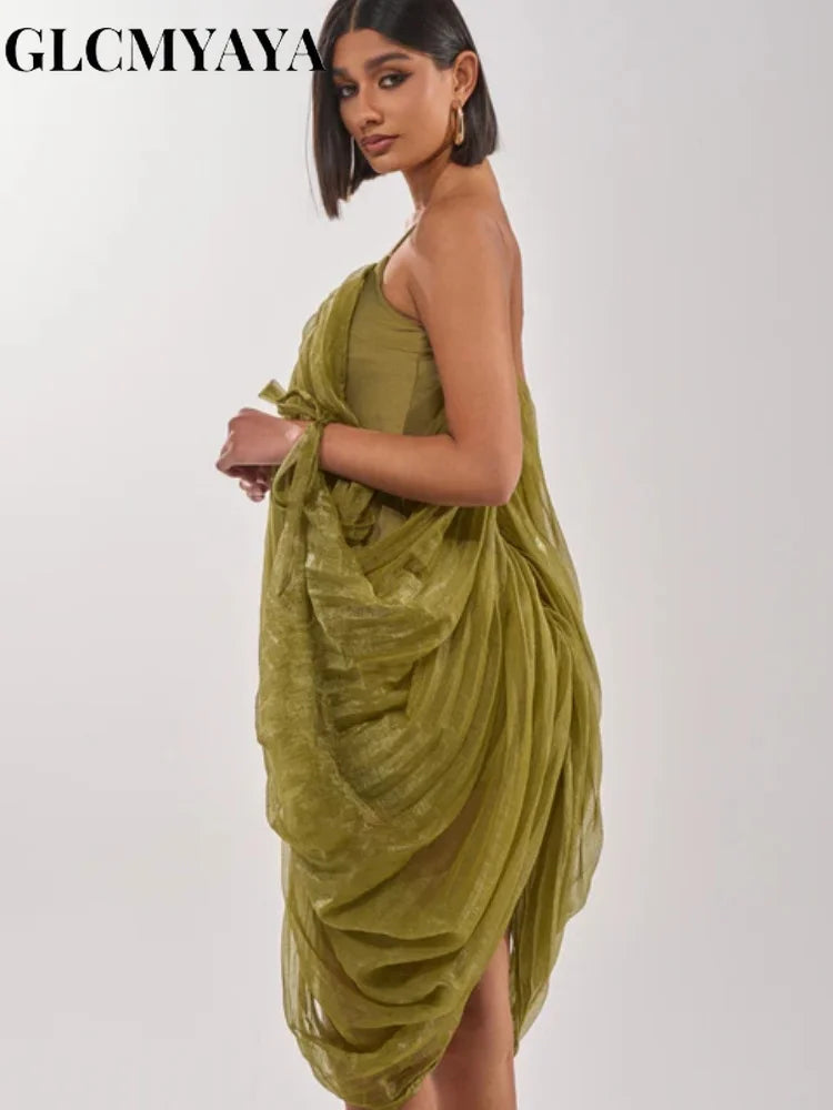 CM.YAYA Women Sheer Mesh Draped Plunging Neck Mini Slip-style Midi Dress 2026 Summer Holiday Birthday Vacation High-low Dresses