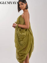 CM.YAYA Women Sheer Mesh Draped Plunging Neck Mini Slip-style Midi Dress 2026 Summer Holiday Birthday Vacation High-low Dresses