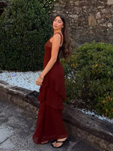 Brown Glitter Chiffon Tiered Maxi Dress Elegant One Shoulder Square Neck Flowy dresses 2026 Summer Formal Wedding Party gowns