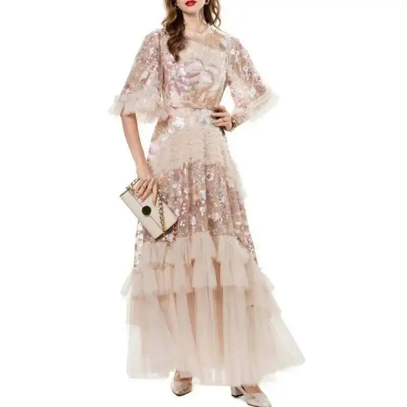 QMQA Fashion Women's Elegant Dress Embroidery Sequin Flare Sleeve Ruffle Puff Cake Dresses 2027 Summer New Female Clothing QM648