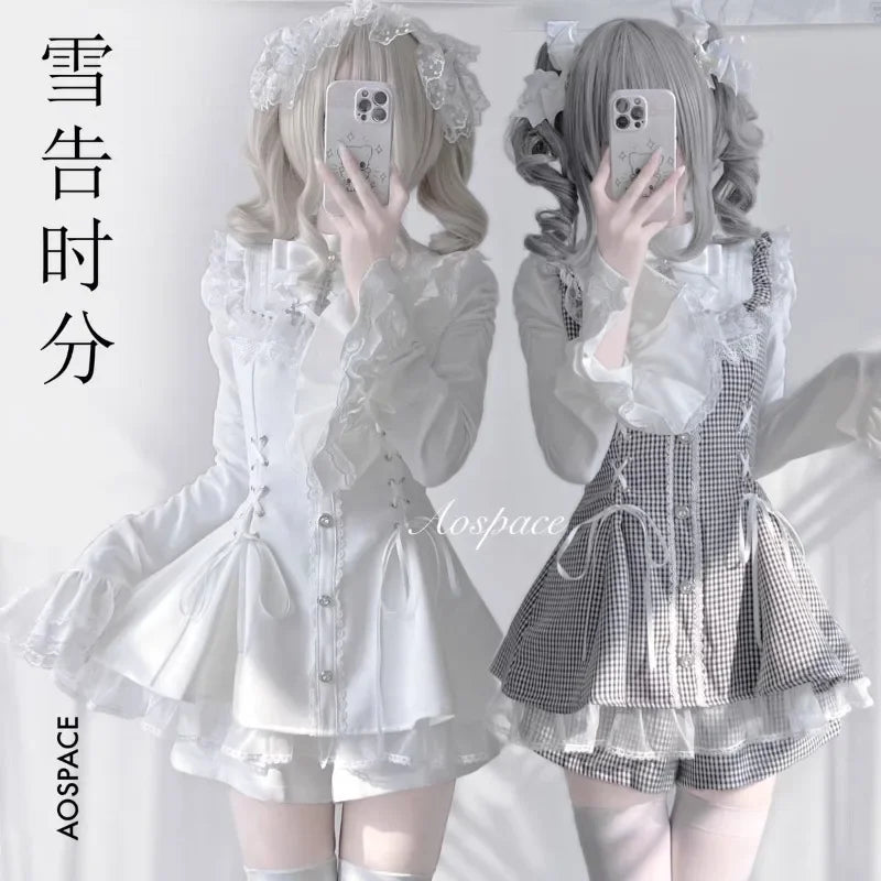 Japanese Gothic Lolita Dress Set Women Harajuku Y2k Bow Lace Ruffles Collar Mini Dresses Female Elegant Party Cute Dress