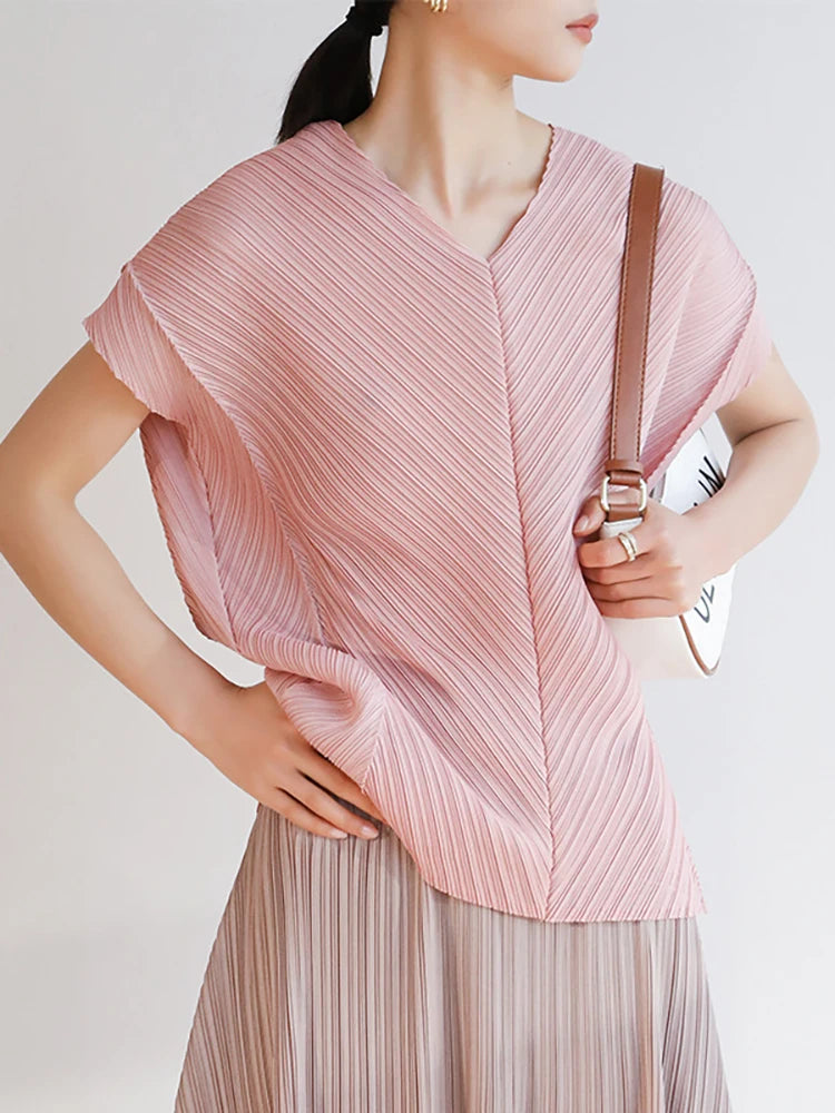 Miyake Pleated Drop Sleeves V-neck T-shirt Women's Korean Fashion Casual Tops Designer Aesthetic Clothing