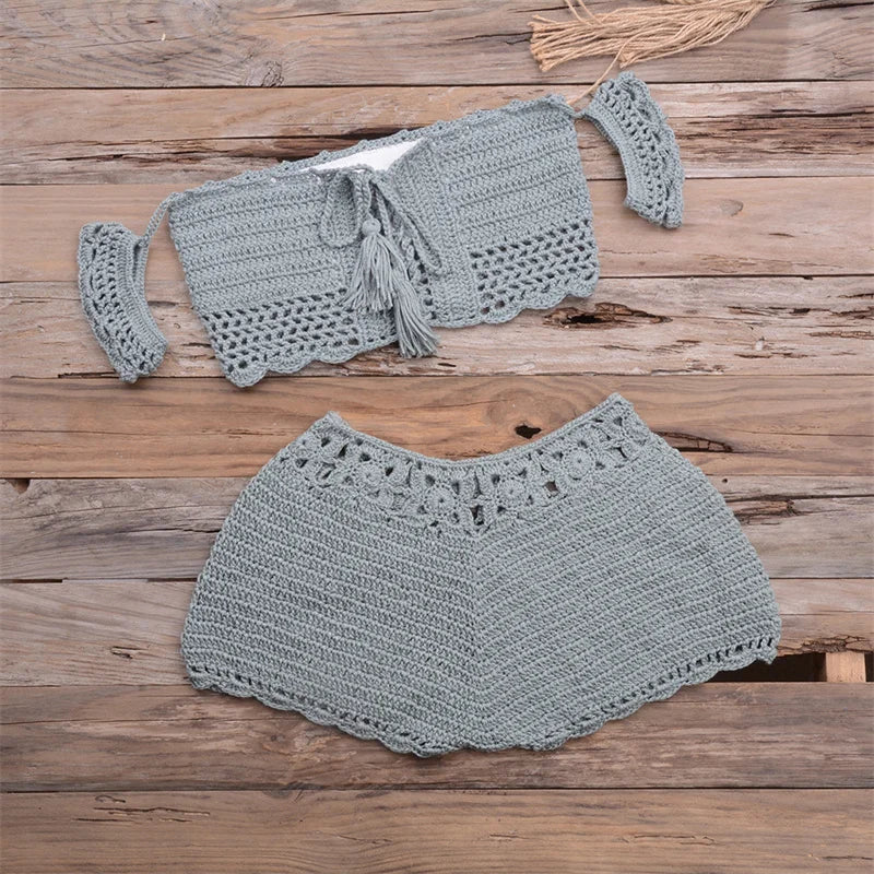 Knit Bikini Set for Women, Sexy Off Shoulder, Crop Top and Shorts, Brazilian Beachwear, Crochet Swimwear, Summer Shorts, 2 PCs
