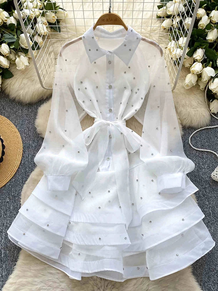 French Diamond Studded Ruffle Edge Dress for Women in Spring Autumn with Straps Long Sleeves Cinching A Fluffy Party Dress C200