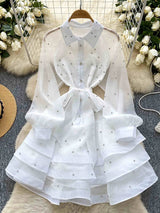French Diamond Studded Ruffle Edge Dress for Women in Spring Autumn with Straps Long Sleeves Cinching A Fluffy Party Dress C200