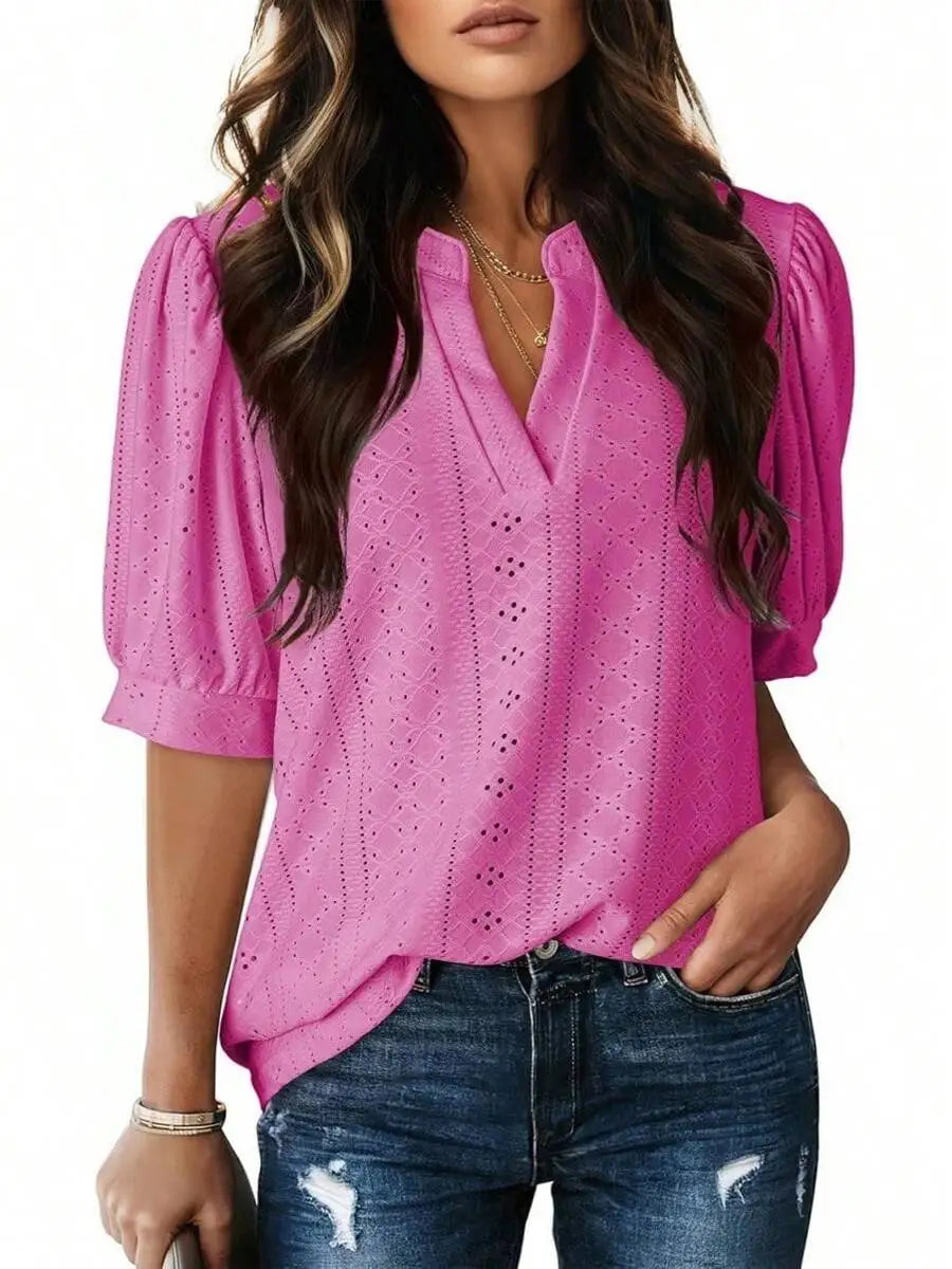 Womens Summer Casual V-Neck Short Sleeve Hollow Out Top