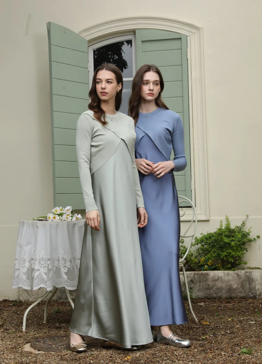 AS 2025 spring summer elegance satin dress + knitted top match set maxi floor length woman clothes