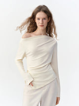 DUSHU Women Off Shoulder Drape Cowl Neck Long Sleeve T-Shirt Commute Minimalist Ruched Slim Draped Elegant Casual Fashion Tee
