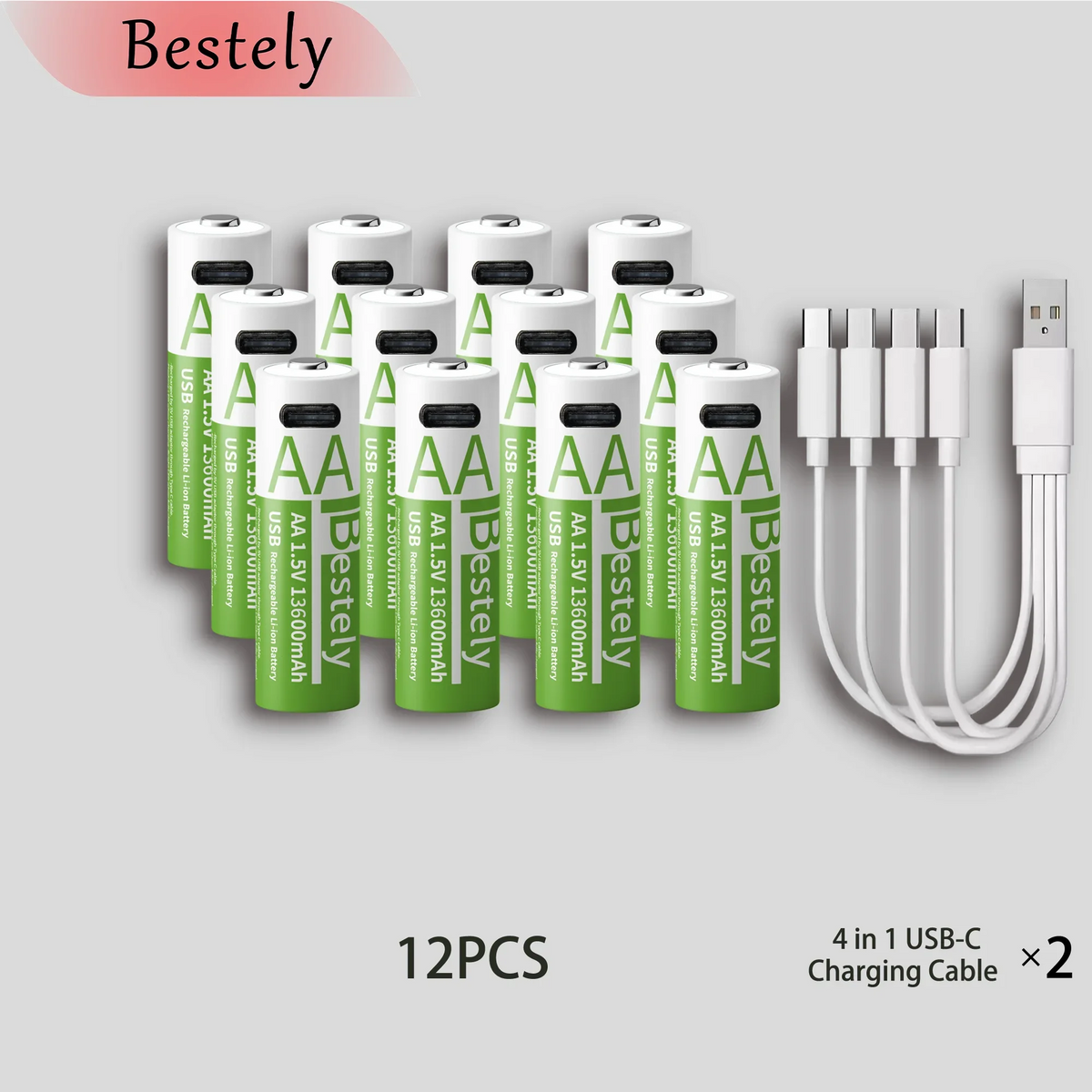 Bestely AA Rechargeable Lithium Battery 1.5V 13600mAh Fast Charging Long Lasting Li-ion Batteries 2000 Cycle with USB- C Cables