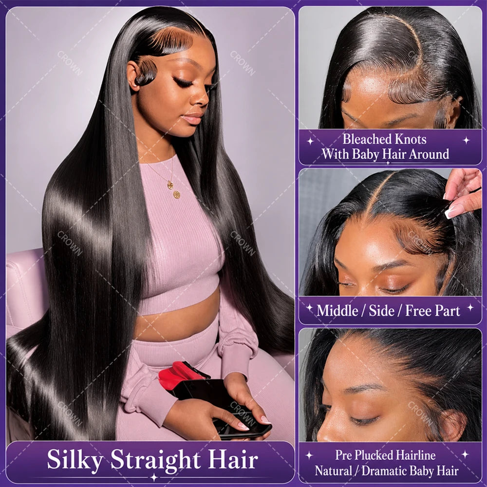 360 Lace Straight Human Hair Wig 13X4 Lace Front Wig Natural Black HD Lace Pre Plucked Bleached Knots High Ponytail Wig For Black Women