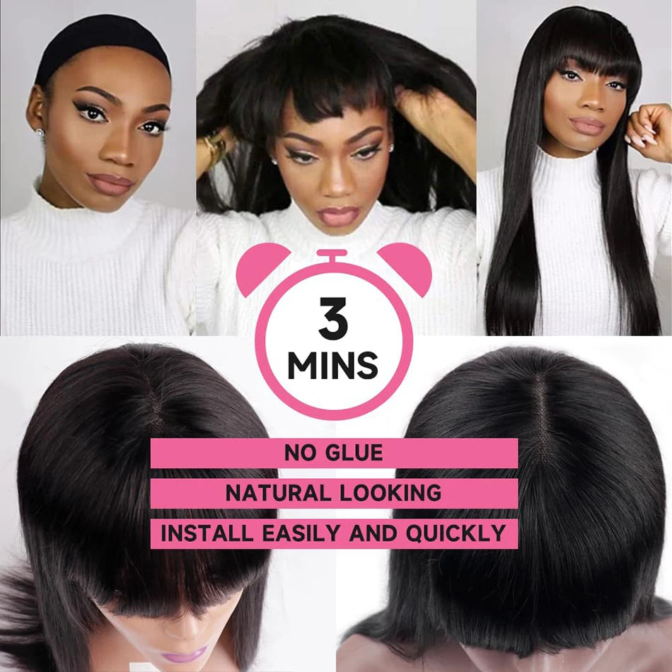 Natural Black Straight Human Hair Wig With Bangs For Women 30 34 Inch Brazilian 3x1 Lace Wigs Full Machine Made Wig