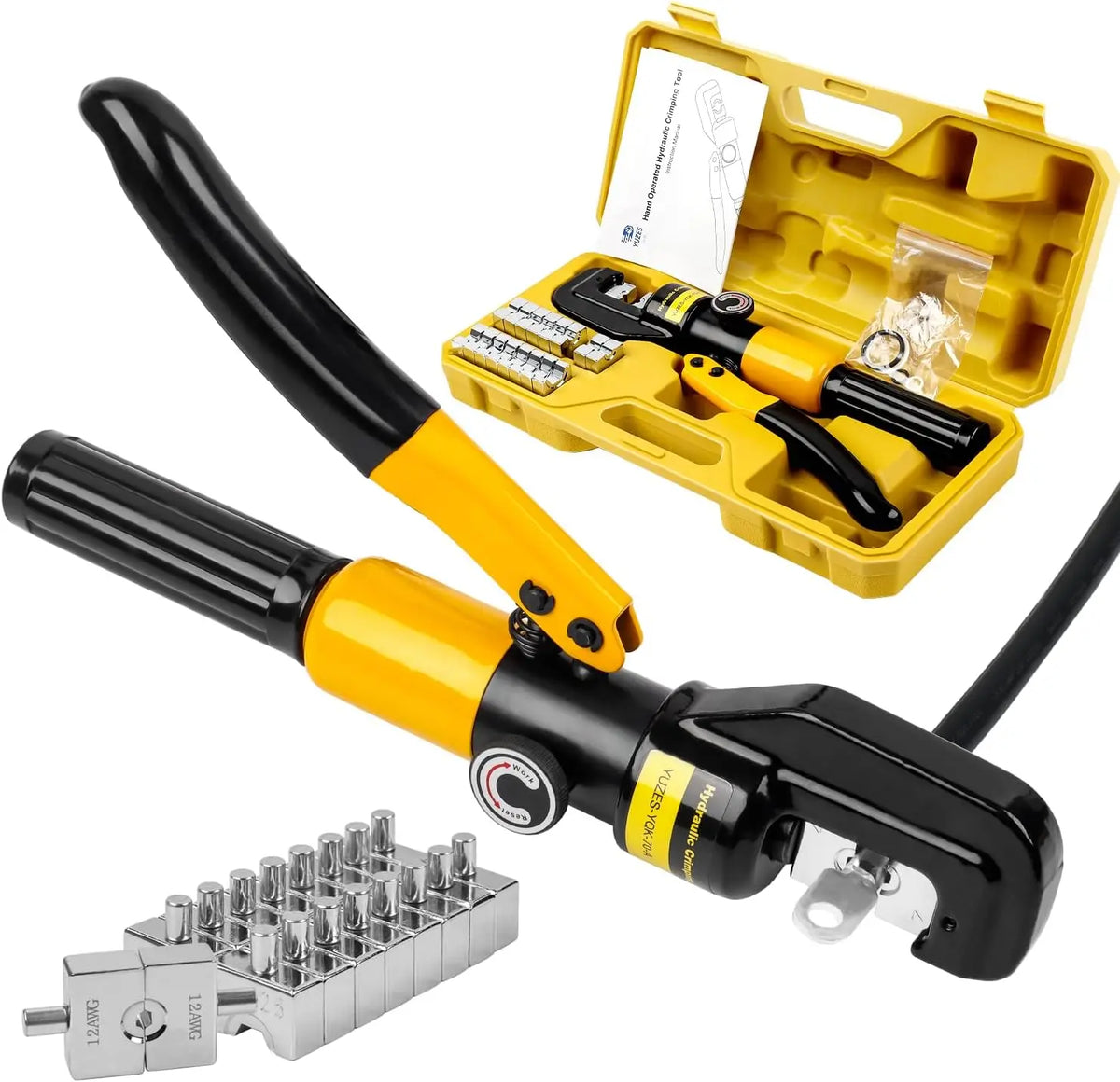 10-Ton Hydraulic Crimping Tool Kit with 9 Dies for Battery Cables, Wire Rope & Ring Terminals, Easy Operation