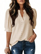 Womens Summer Casual V-Neck Short Sleeve Hollow Out Top