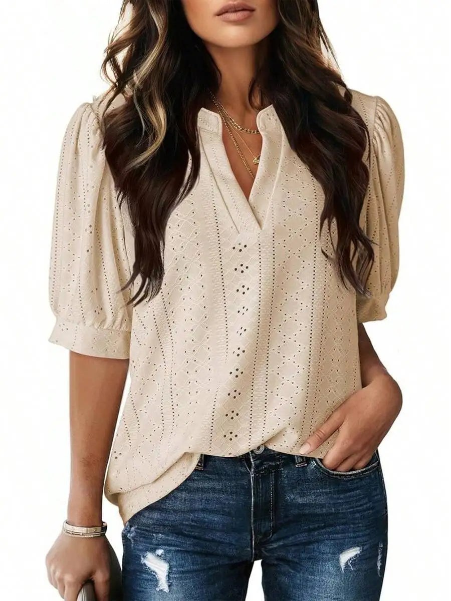 Womens Summer Casual V-Neck Short Sleeve Hollow Out Top