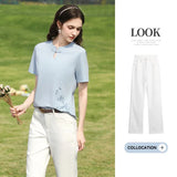 I BELIEVE YOU Light Blue Bamboo Embroidery T-Shirts 2026 Summer Chinese Knot Keyhole Neck Short Sleeve Casual Top 2261016298