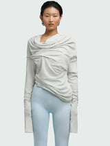 Street Style Oversized Cotton T-Shirt Three Colors Long Sleeve Knitted Shoulder Bared Layered Neck Design Polyester Blend