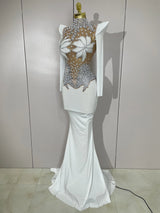 Luxury Sparkly Diamonds Pearl White See Through Mesh Long Dress Women Wedding Evening Party Stage Performance Photoshoot Dress