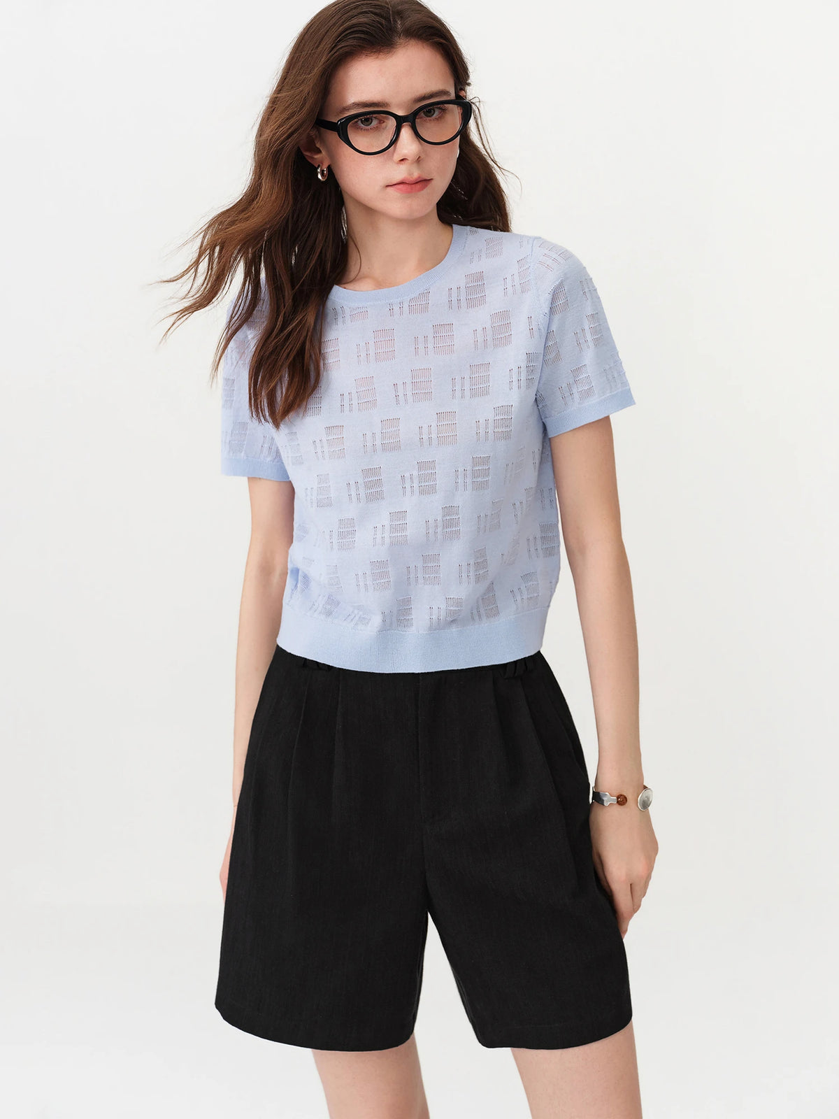 FSLE 2026 Summer Women's Textured Cut-out Round Neck Short Sleeve Knit Top Soft Lightweight Breathable Blouse Elegant Style
