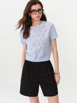 FSLE 2026 Summer Women's Textured Cut-out Round Neck Short Sleeve Knit Top Soft Lightweight Breathable Blouse Elegant Style