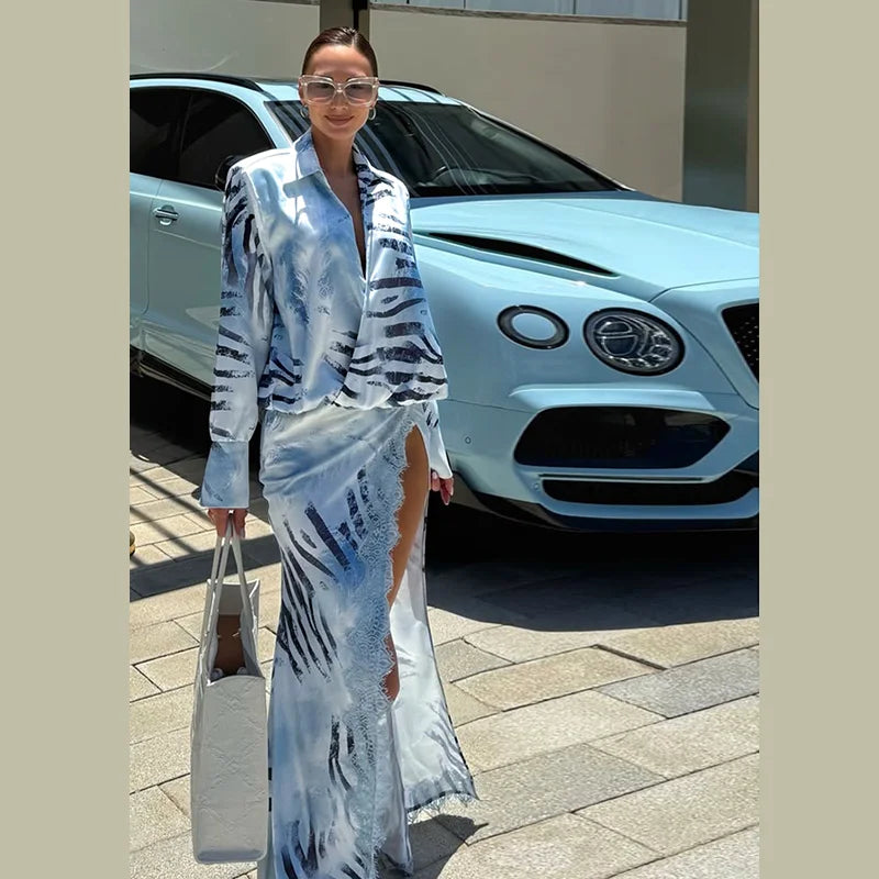 Fashion Lace Patchwork Women's Dress Turn-Down Collar Long Sleeve Waist-Closed Side Split Zebra-Stripe 2026 Summer Female Robe